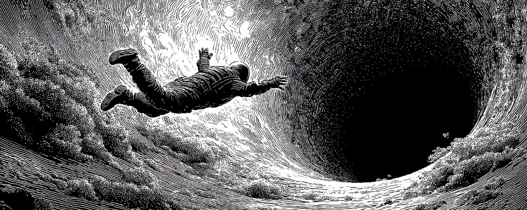 Woodcut illustration of a person falling into a vortex